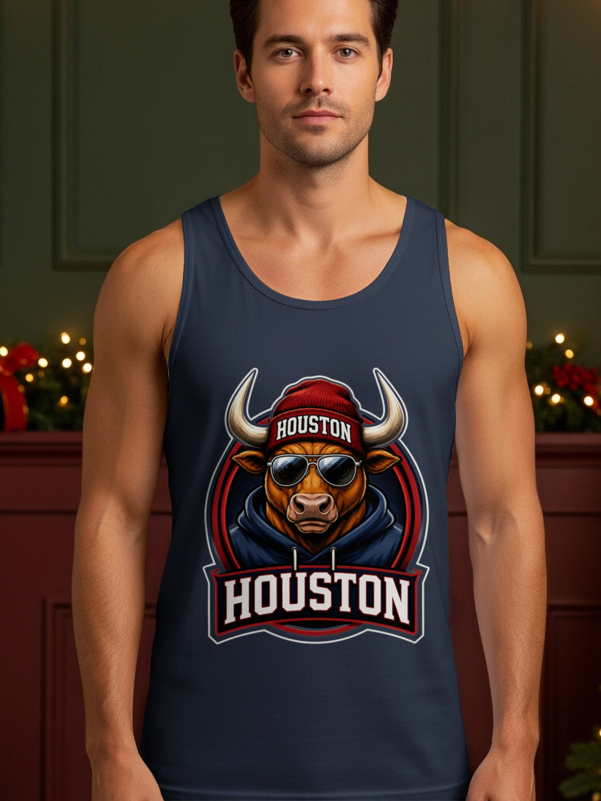 Navy tank top with bull graphic and "HOUSTON" text.