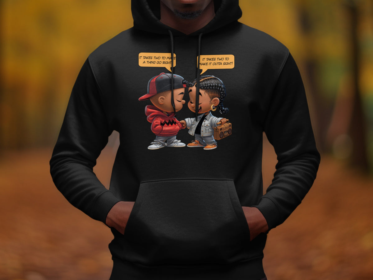 Black hoodie with cartoon of two people, one holding boombox, with text.