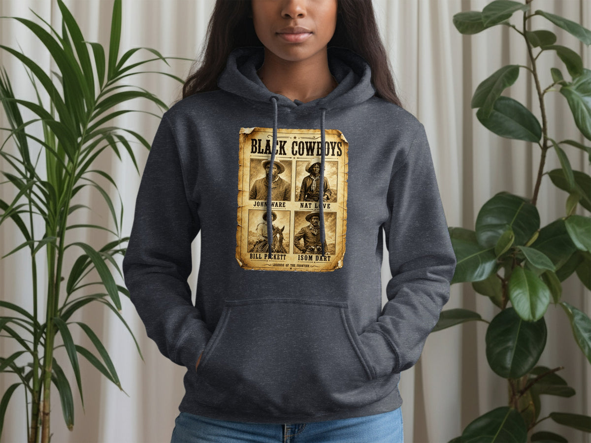 Dark gray hoodie with "Black Cowboys" poster featuring four historical figures.