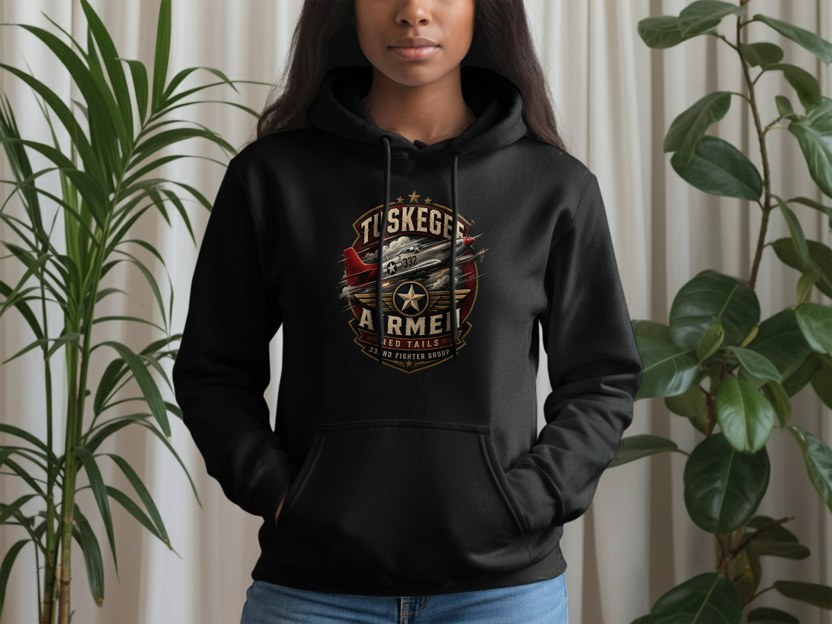 Black hoodie with Tuskegee Airmen Red Tails 332nd Fighter Group graphic.
