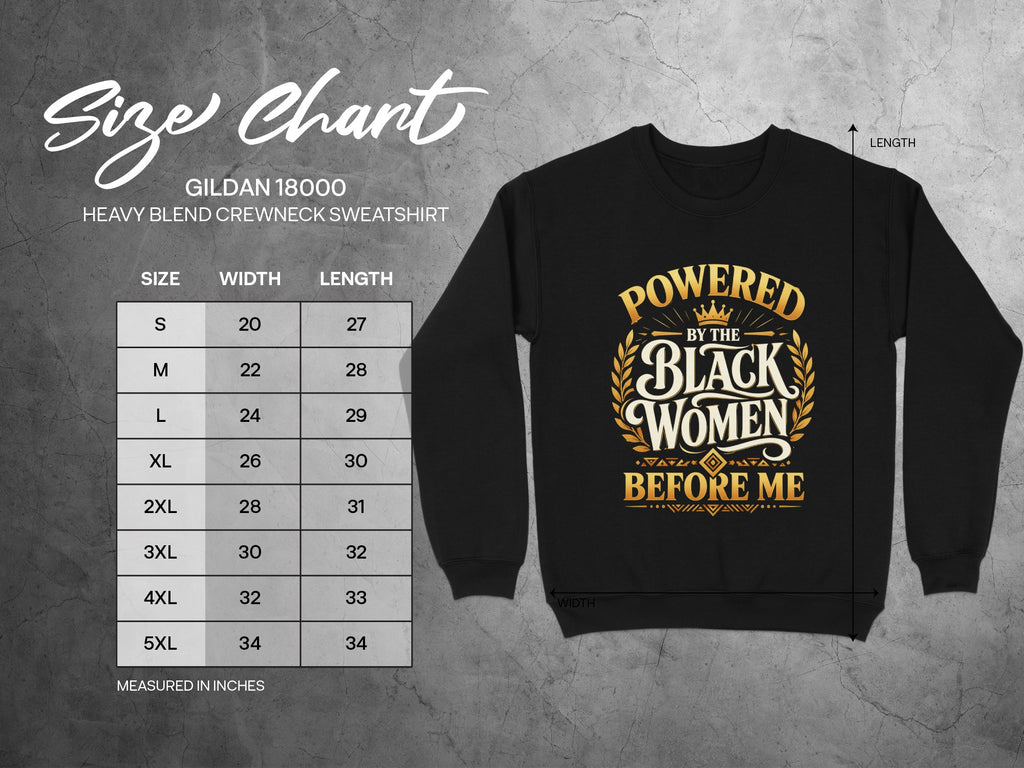 Gildan 18000 size chart for black crewneck sweatshirt with graphic text.