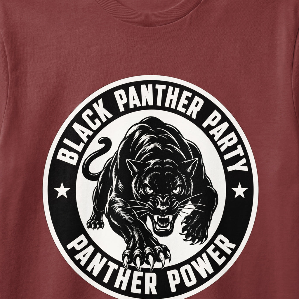 Black Panther Party emblem with roaring panther and text "Panther Power".