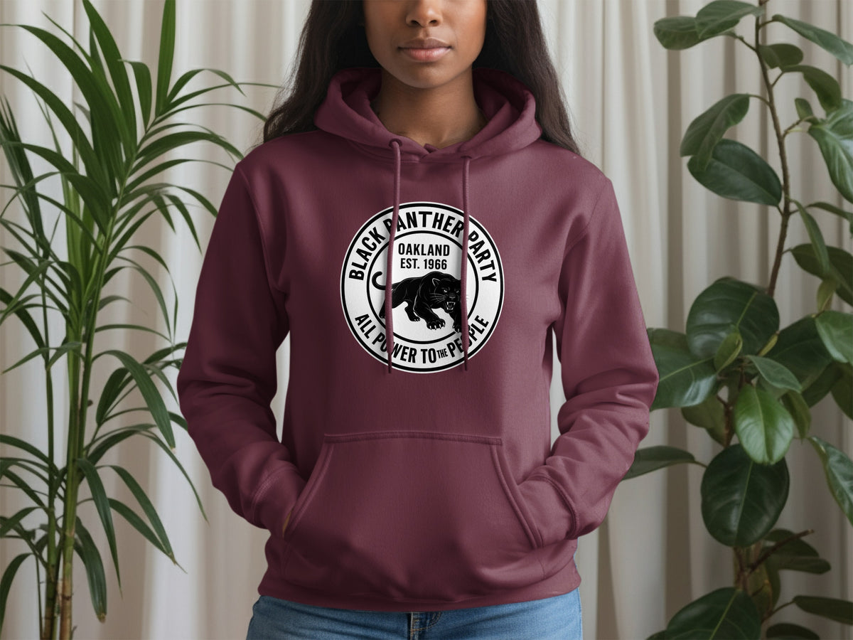 Maroon hoodie featuring a Black Panther Party logo with text "Oakland Est. 1966 All Power to the People".