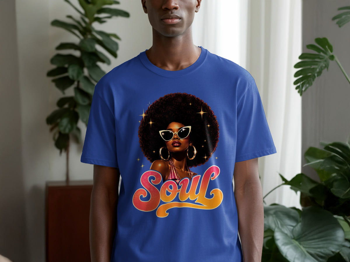 Blue t-shirt with graphic of a woman with an afro and the word "Soul"