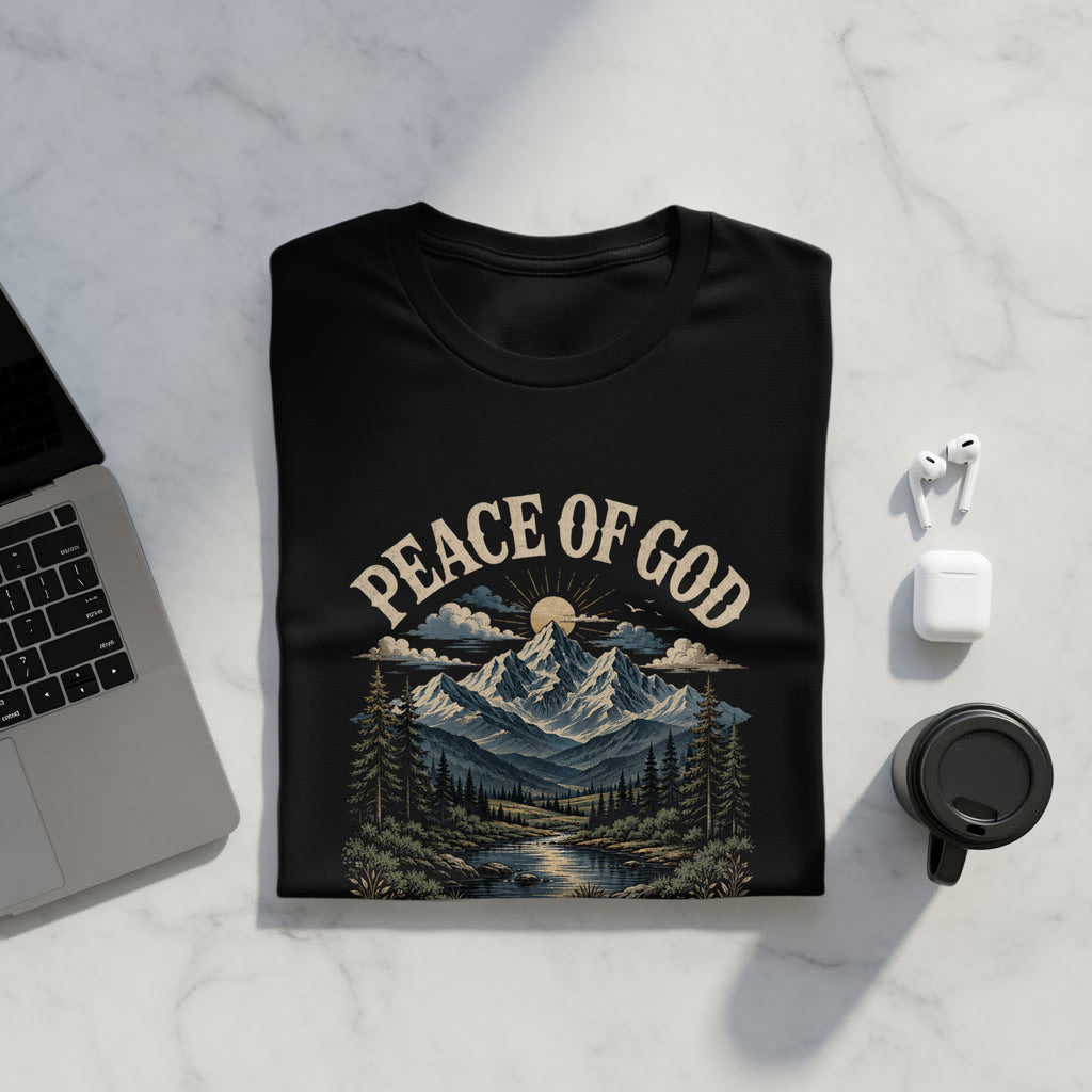 Black t-shirt with "Peace of God" text over a mountain and river landscape.