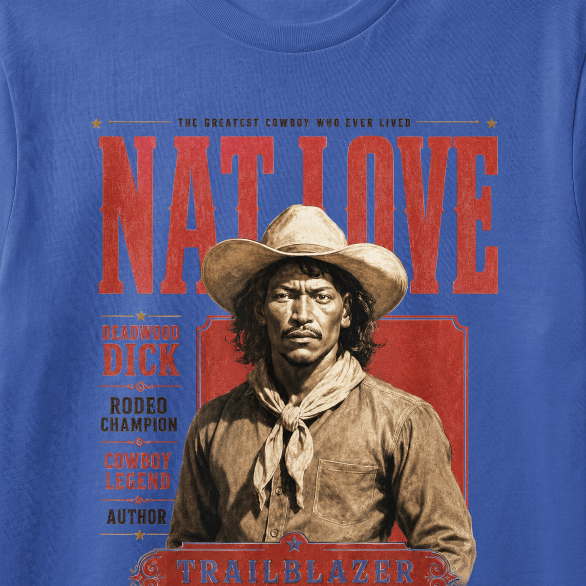 Nat Love, Deadwood Dick, rodeo champion, cowboy legend, author, and trailblazer on blue shirt.