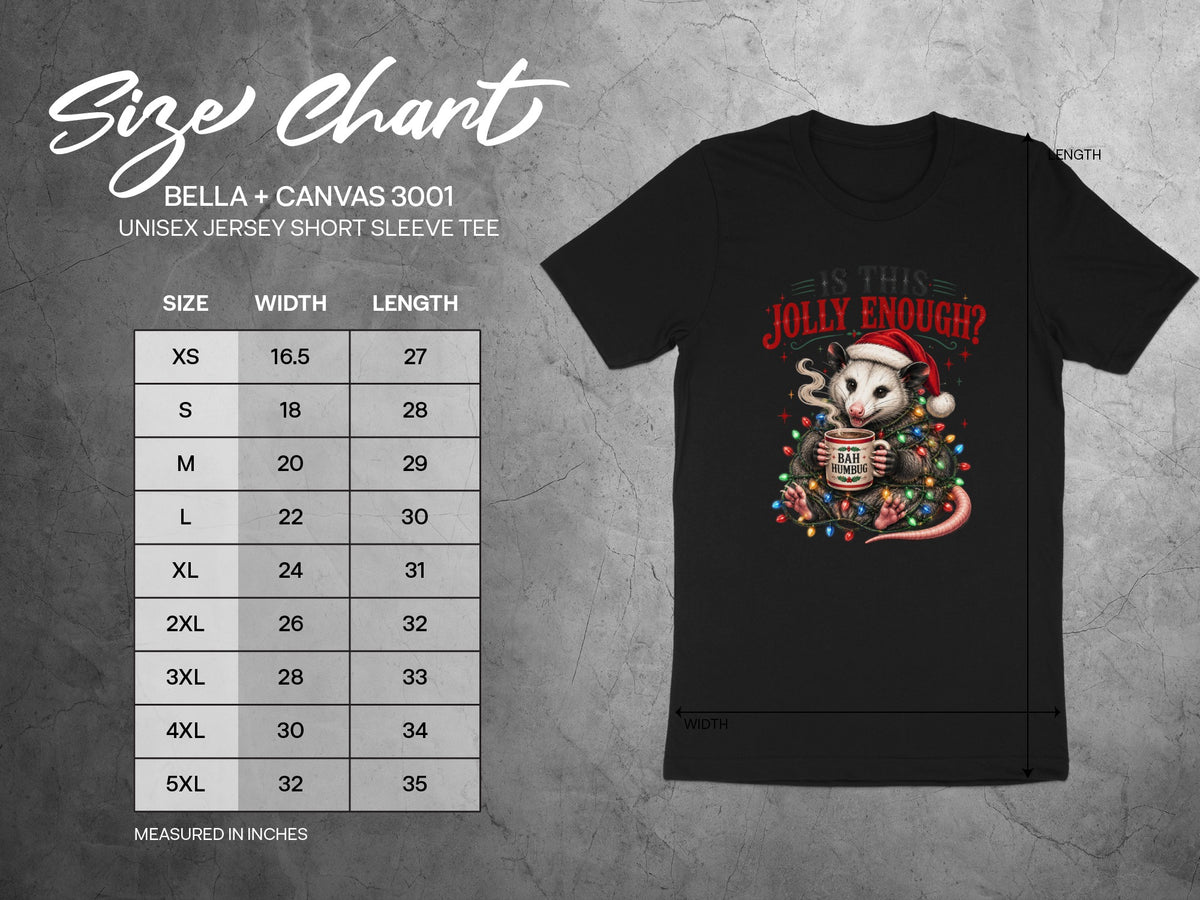 Size chart for Bella + Canvas 3001 unisex tee with possum graphic.