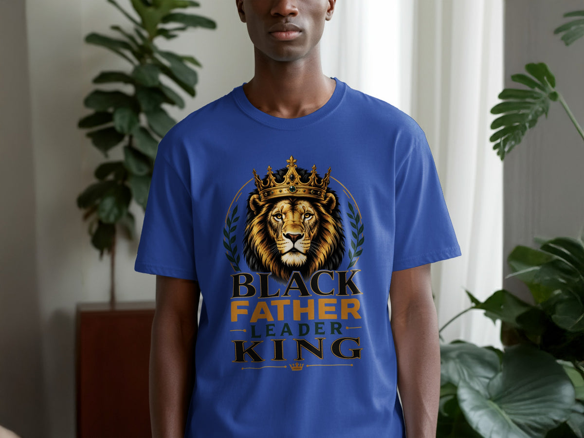 Blue t-shirt with lion wearing crown and text "BLACK FATHER LEADER KING".