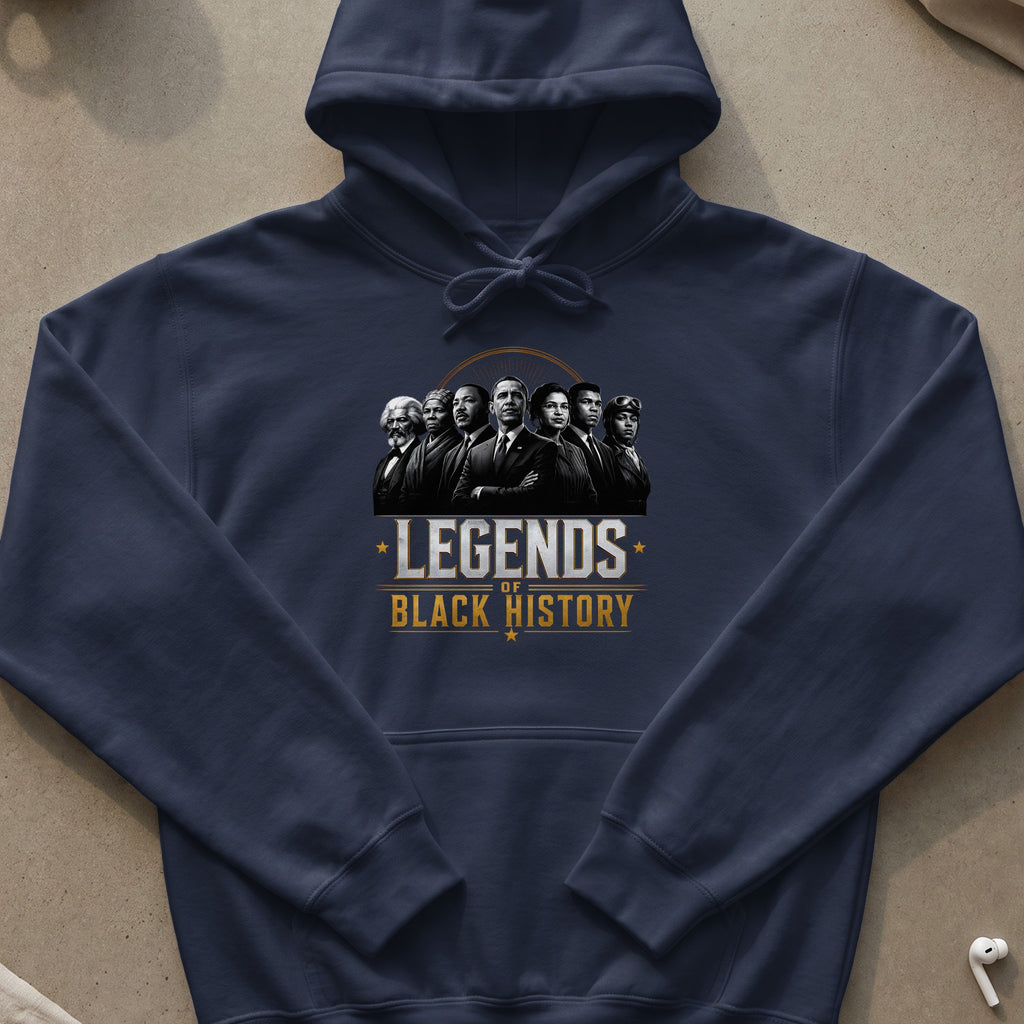 Navy hoodie with "Legends of Black History" graphic featuring prominent Black figures.