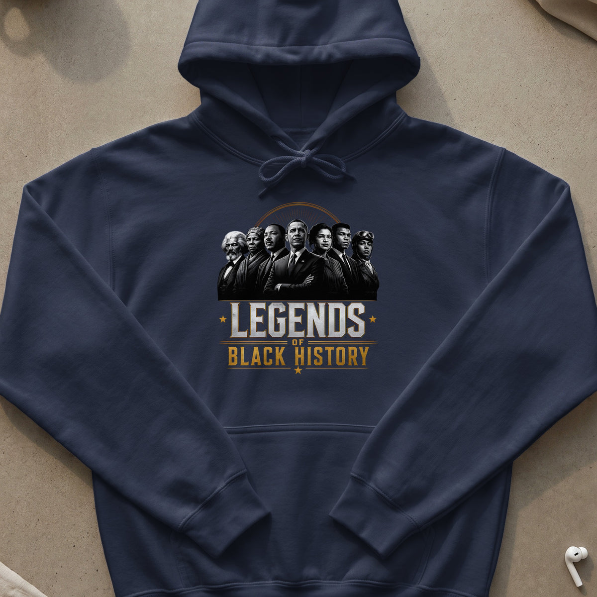 Navy hoodie with "Legends of Black History" graphic featuring prominent Black figures.