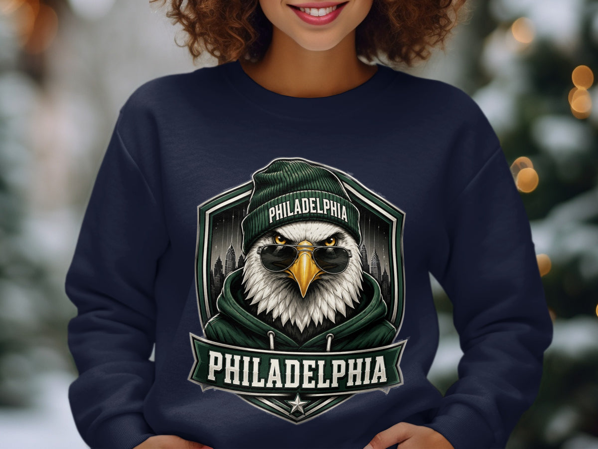 Navy sweatshirt with a shield graphic featuring a cool eagle wearing a beanie and sunglasses.
