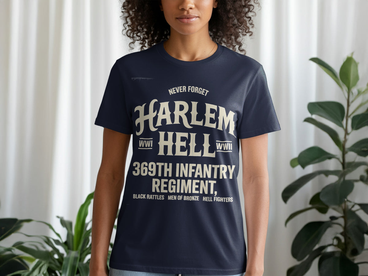 Navy t-shirt with "Harlem Hellfighters 369th Infantry Regiment" text.