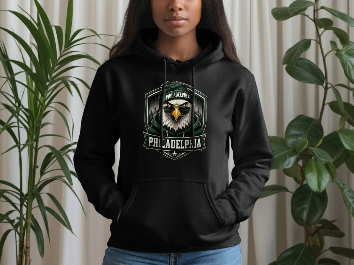 Black hoodie with Philadelphia eagle graphic and text.
