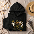 Black hoodie with a graphic of a hip-hop teddy bear wearing sunglasses and gold chains.
