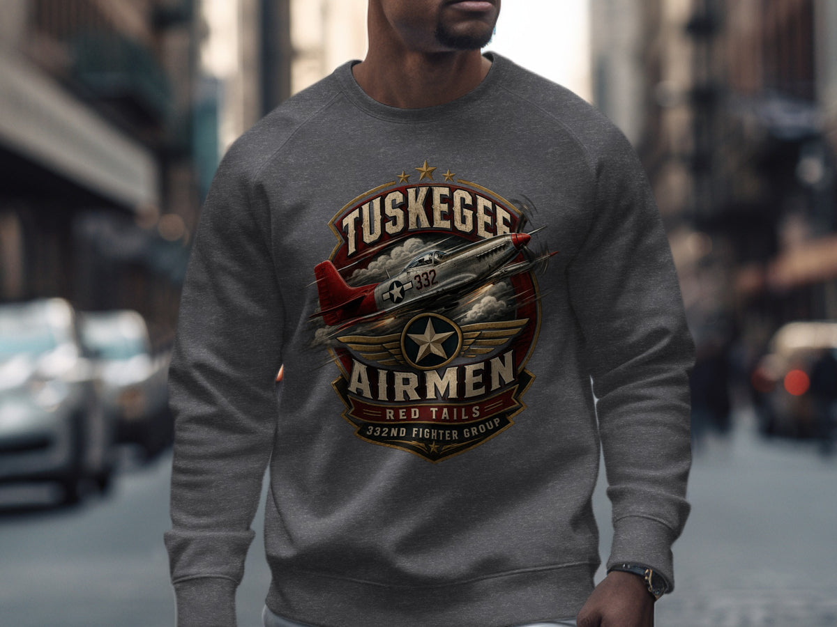 Tuskegee Airmen 332nd Fighter Group Red Tails emblem with airplane on sweatshirt.