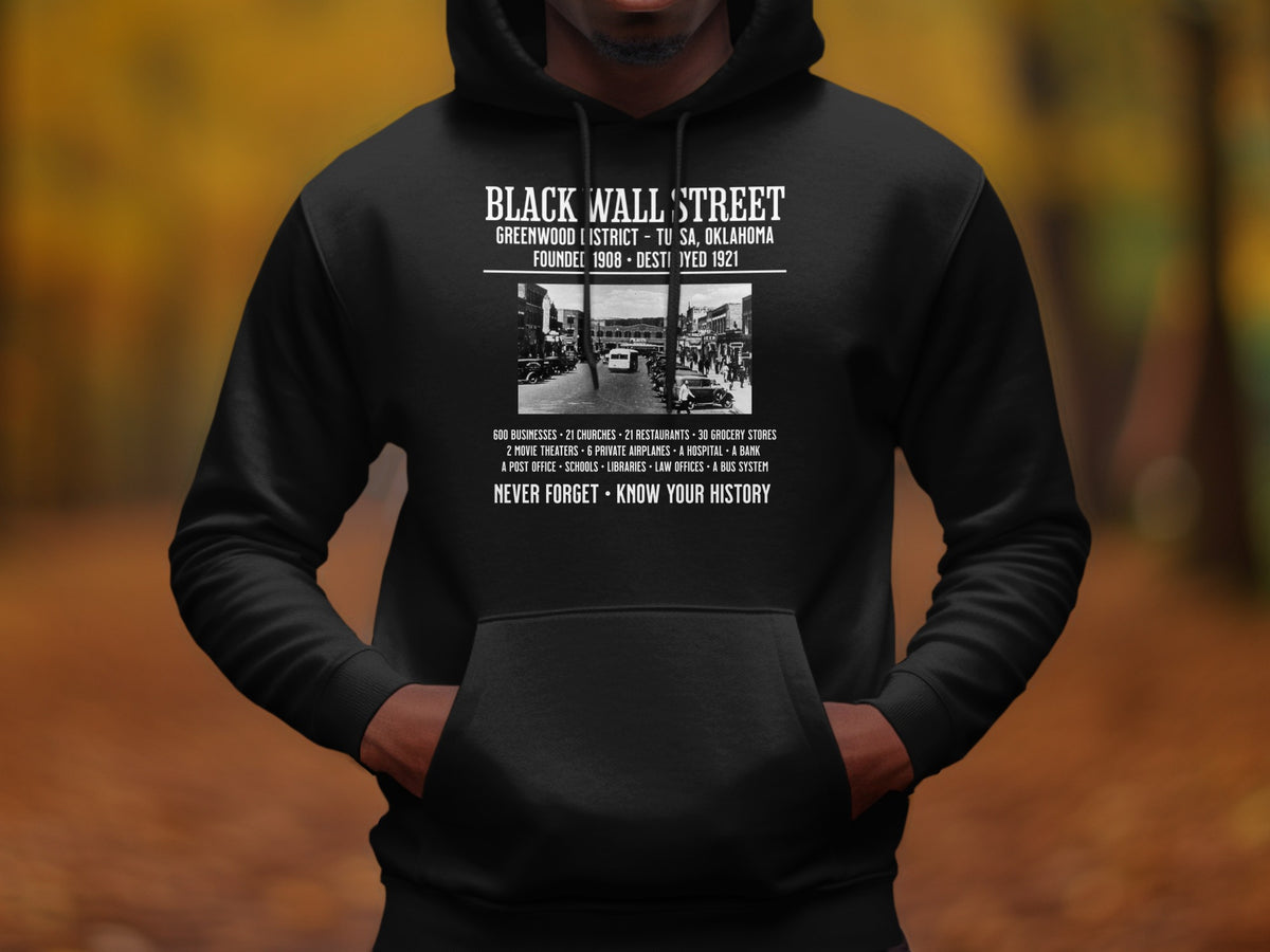 Black Wall Street graphic on black hoodie detailing Greenwood District and historical facts.