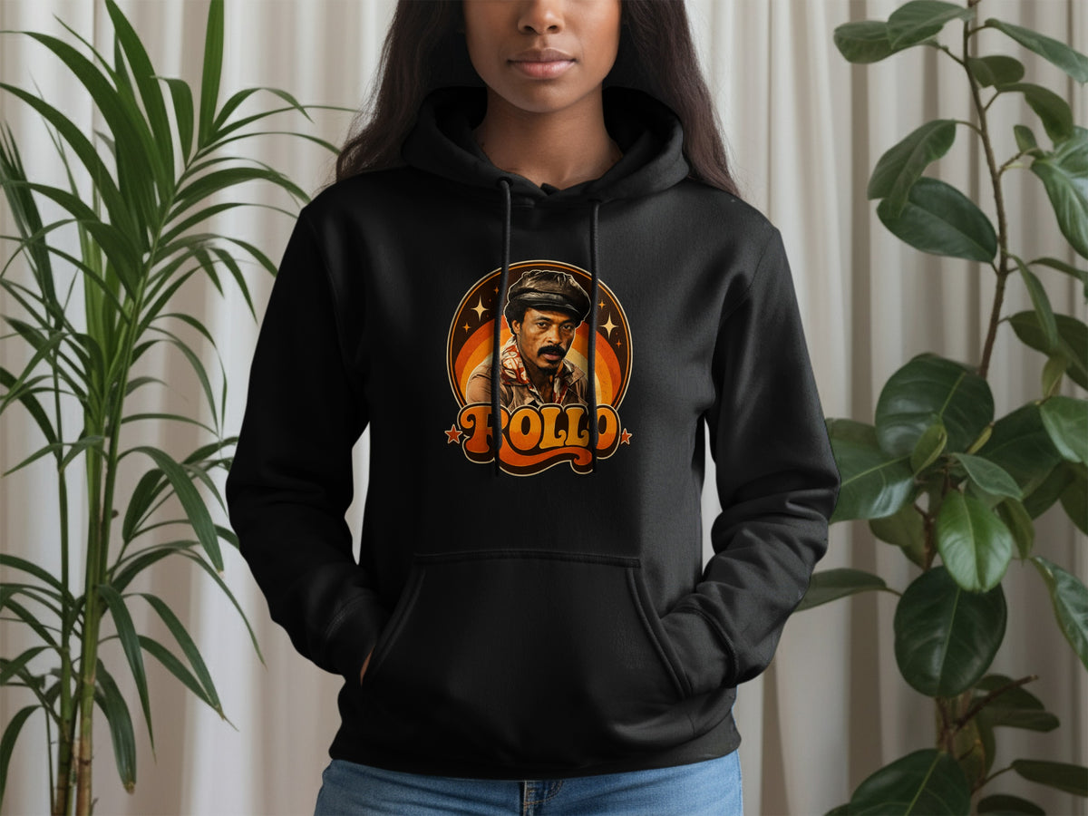 Black hoodie with "POLLO" graphic featuring a retro portrait.