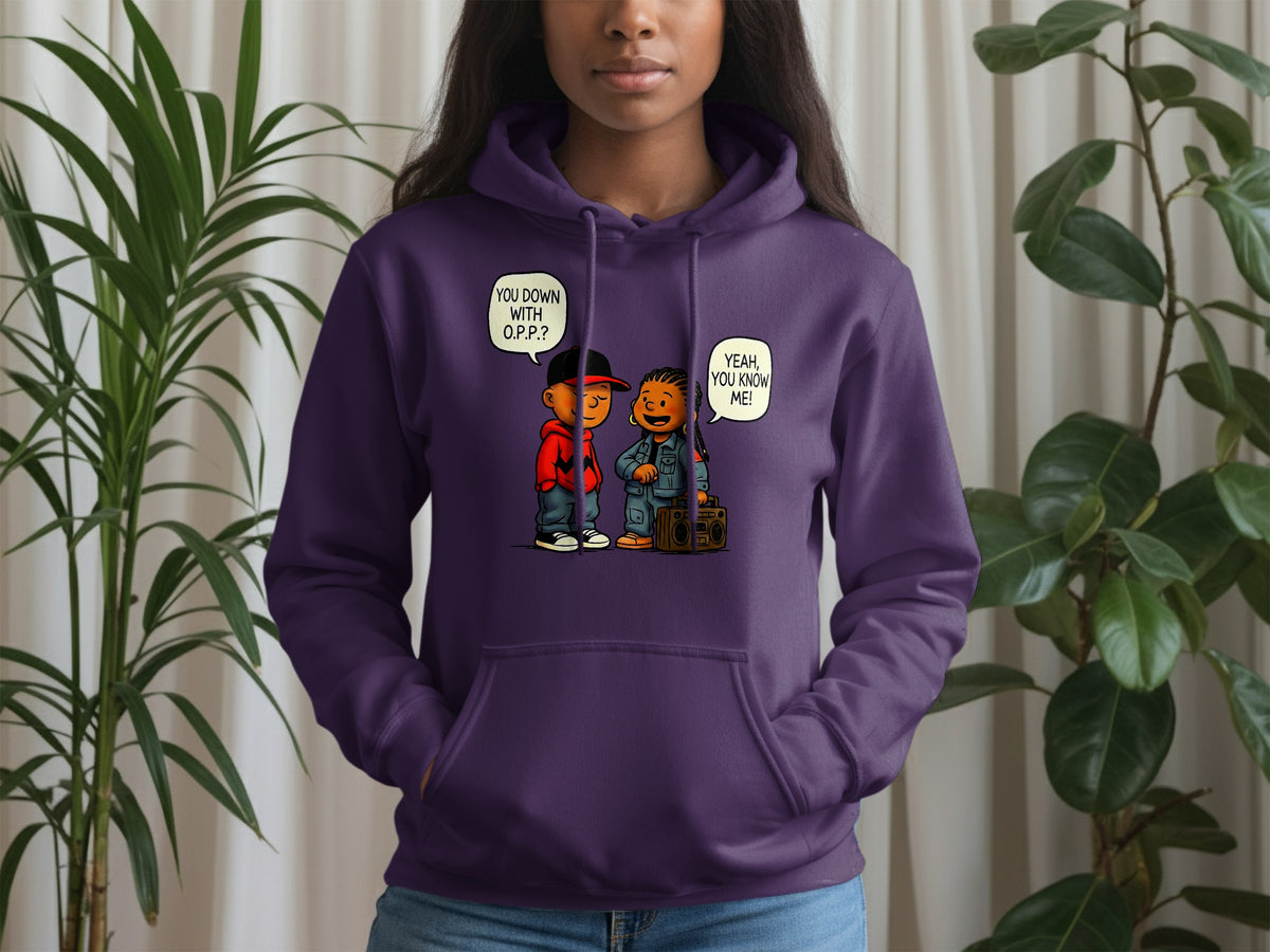 Purple hoodie with cartoon characters talking about "O.P.P." and "Yeah, you know me!".
