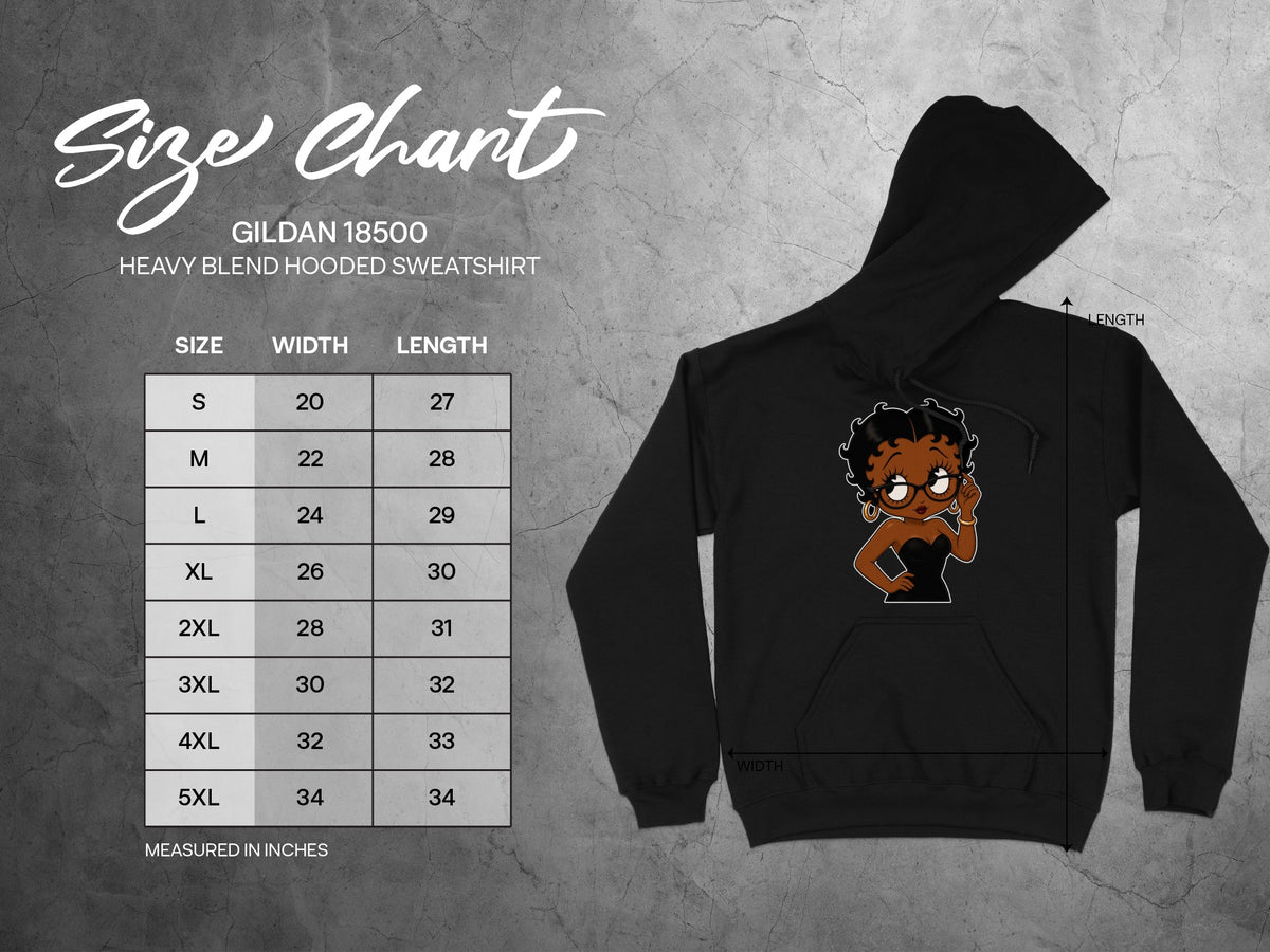 Size chart for Gildan 18500 Heavy Blend Hooded Sweatshirt with dimensions.