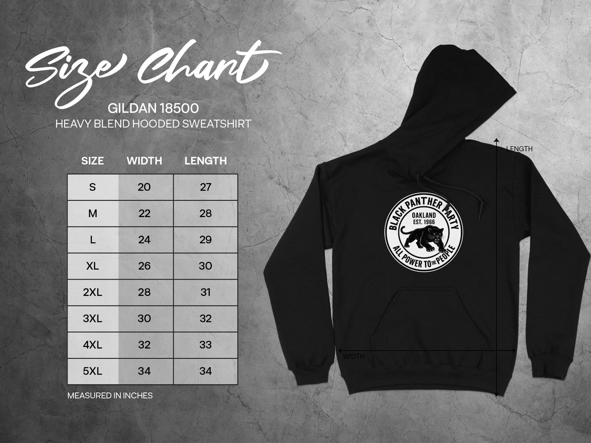 Gildan 18500 sweatshirt size chart with width and length measurements in inches.