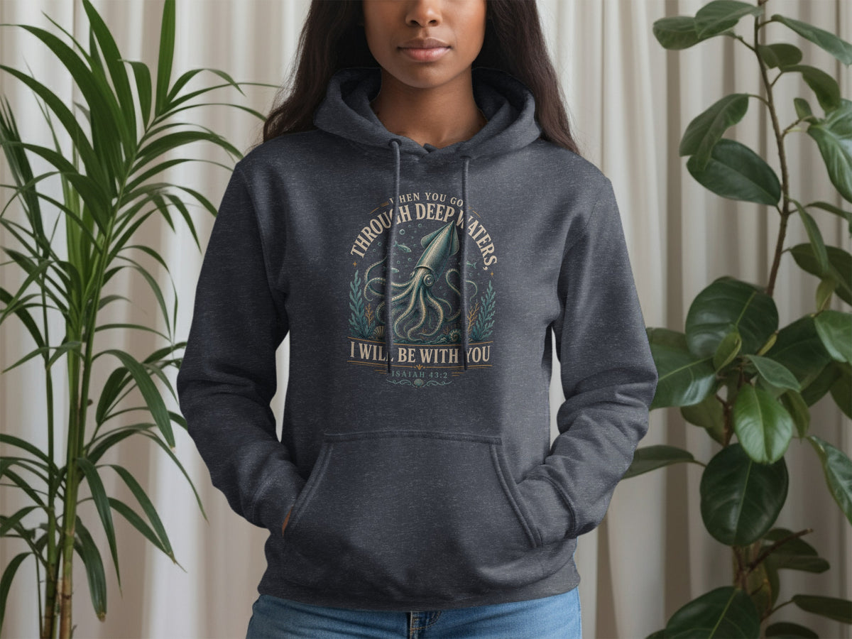 Dark gray hoodie with a squid graphic and "When you go through deep waters, I will be with you. Isaiah 43:2" text.