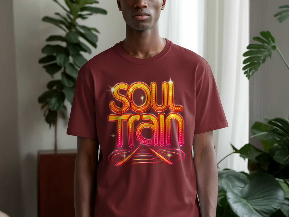 Maroon t-shirt with a colorful "Soul Train" graphic and stylized train tracks.