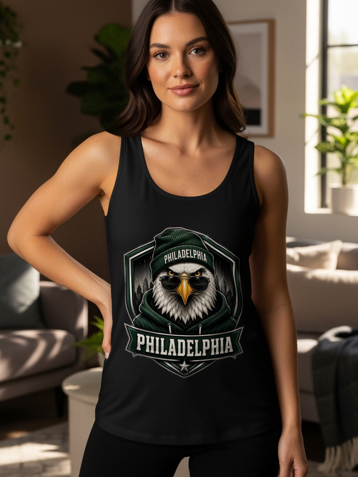 Black tank top with an eagle wearing a beanie and sunglasses, with "PHILADELPHIA" text.