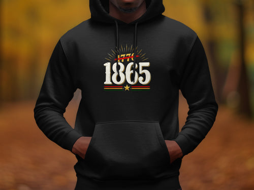 Black hoodie with "1865" and a red strikethrough over "1776".