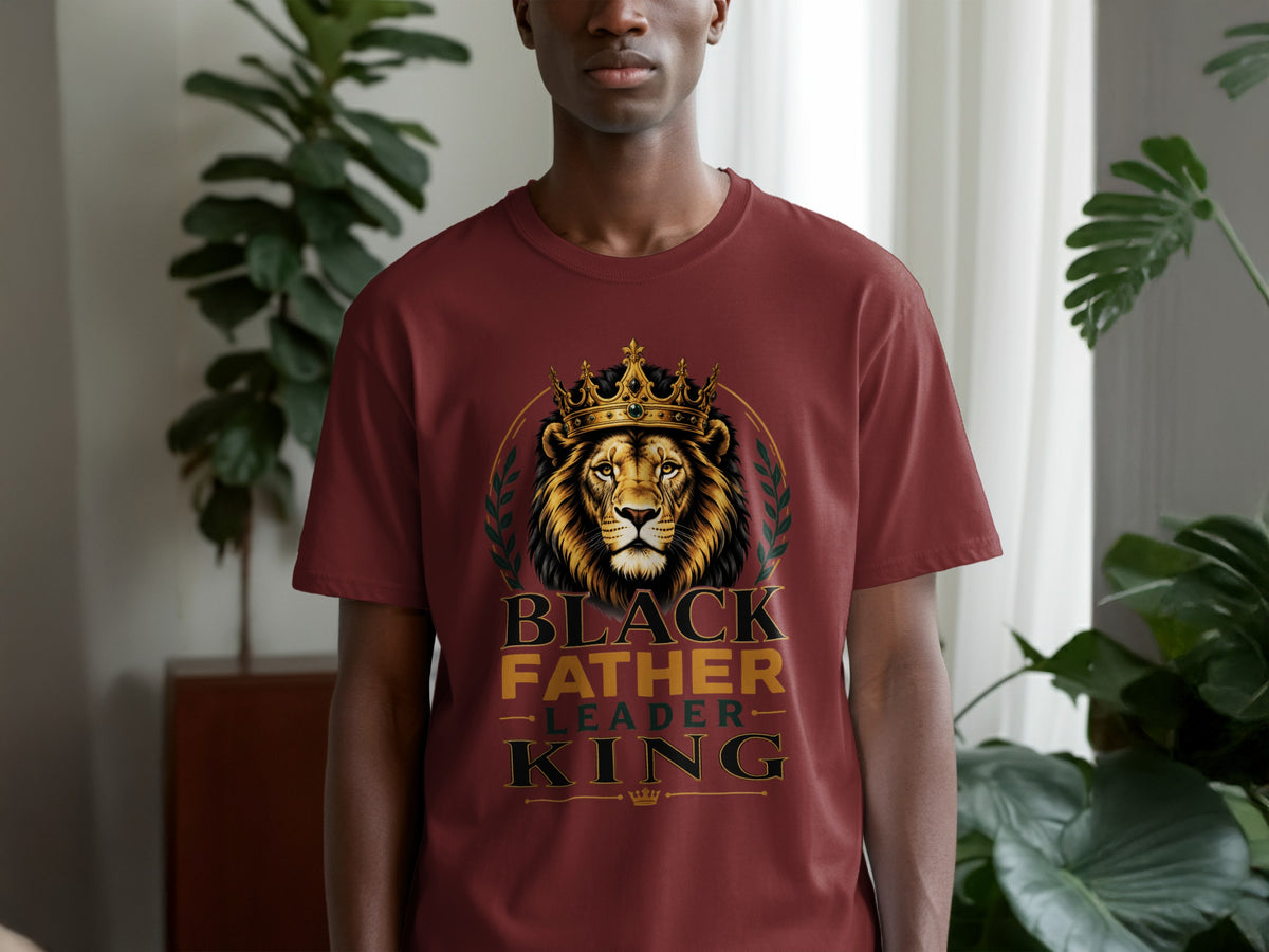 Maroon t-shirt with lion wearing crown and text "BLACK FATHER LEADER KING".