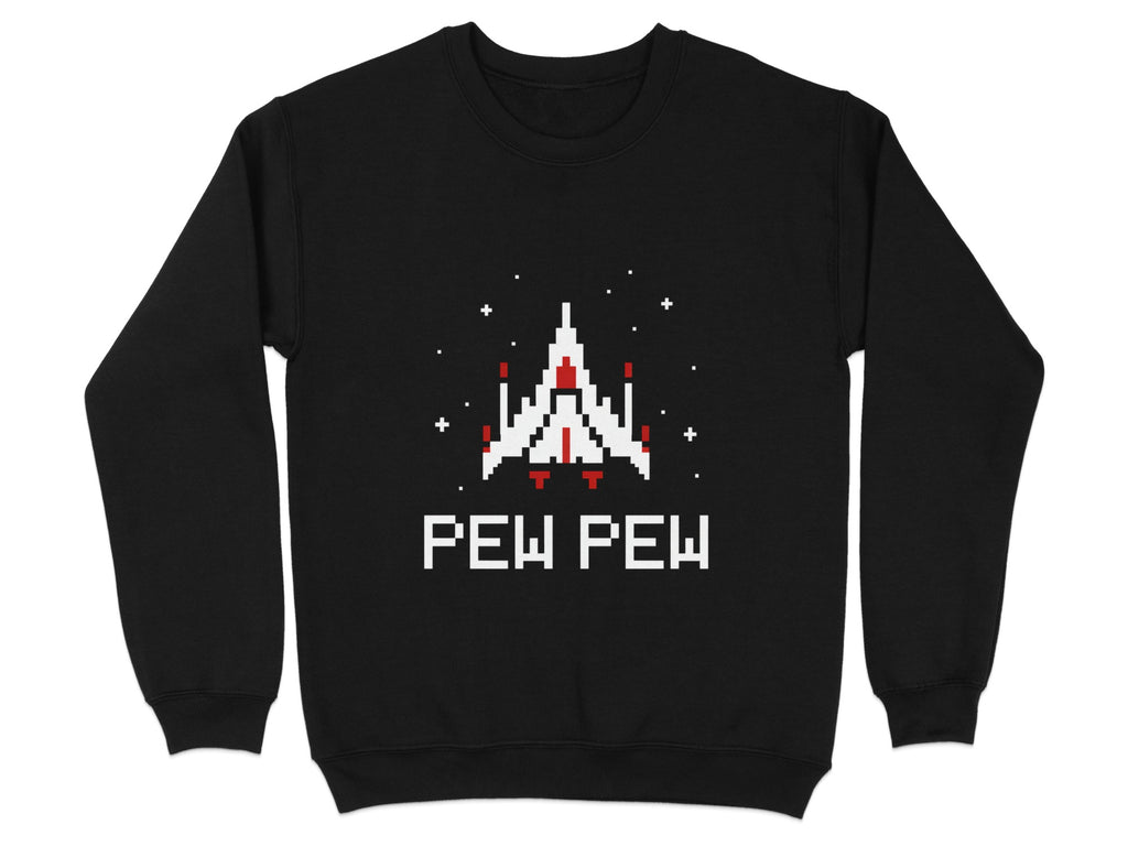 Black sweatshirt with pixelated spaceship and "PEW PEW" text.