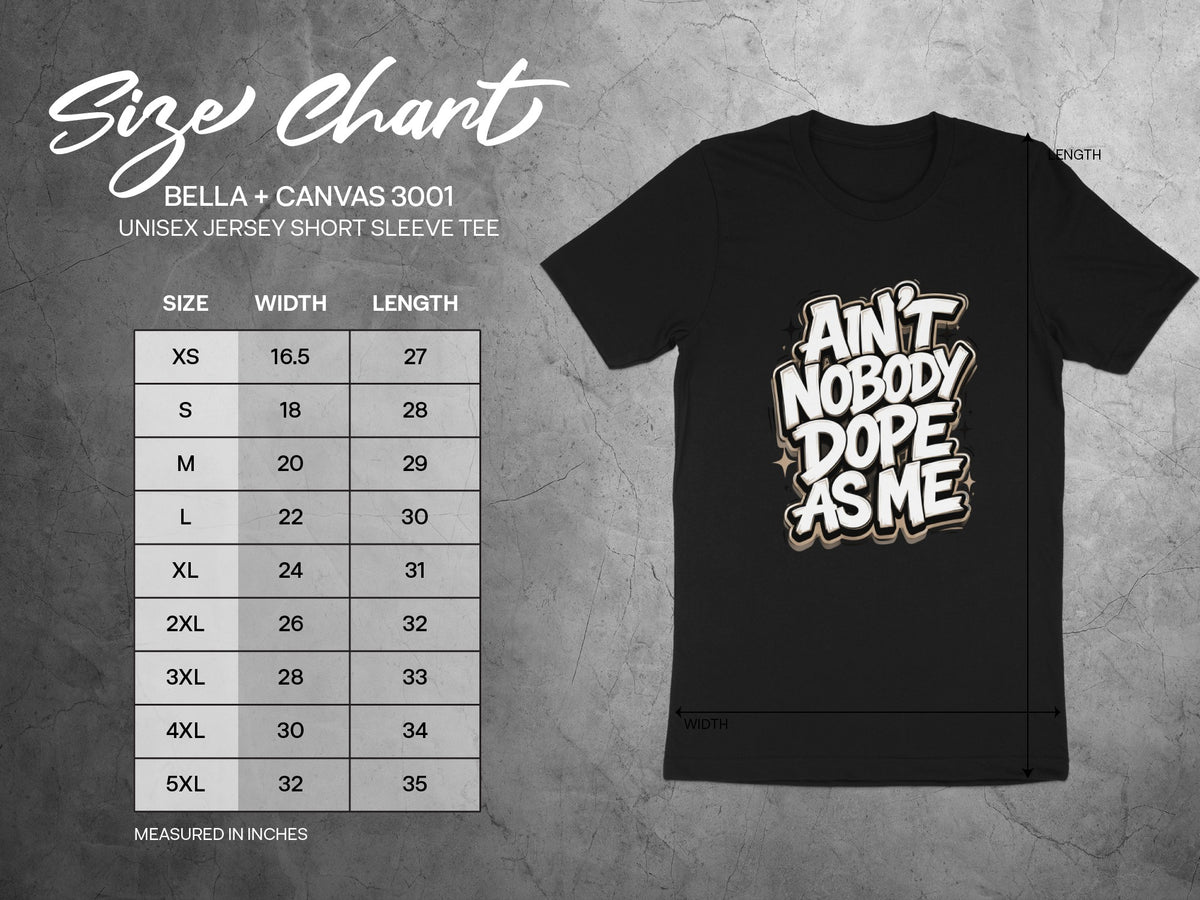 Size chart for Bella + Canvas 3001 unisex short sleeve tee with measurements.