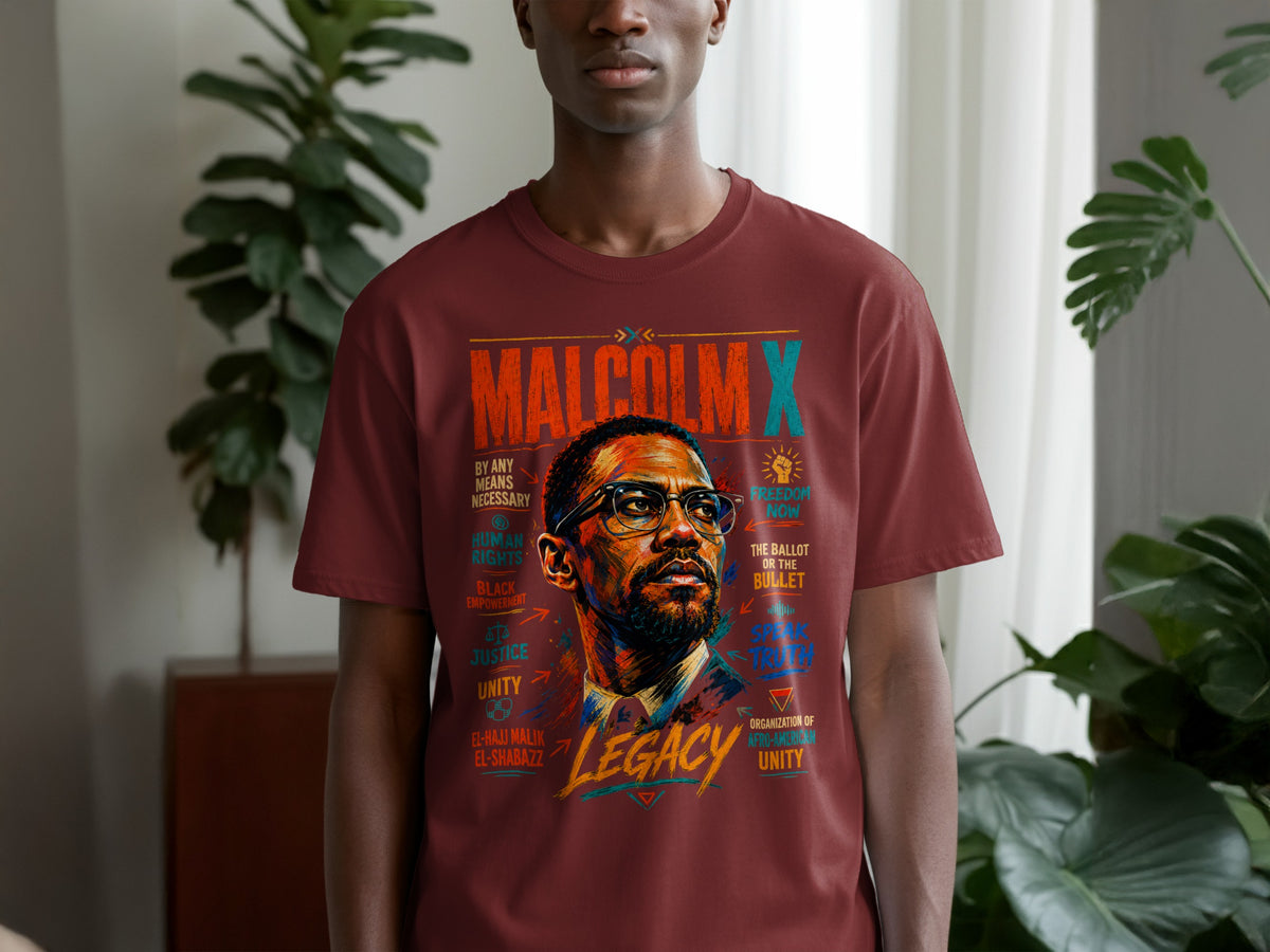 Malcolm X Legacy graphic with quotes "Freedom Now" and "The Ballot or the Bullet".