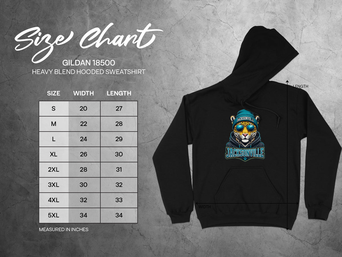 GILDAN 18500 Heavy Blend Hooded Sweatshirt size chart with measurements in inches.