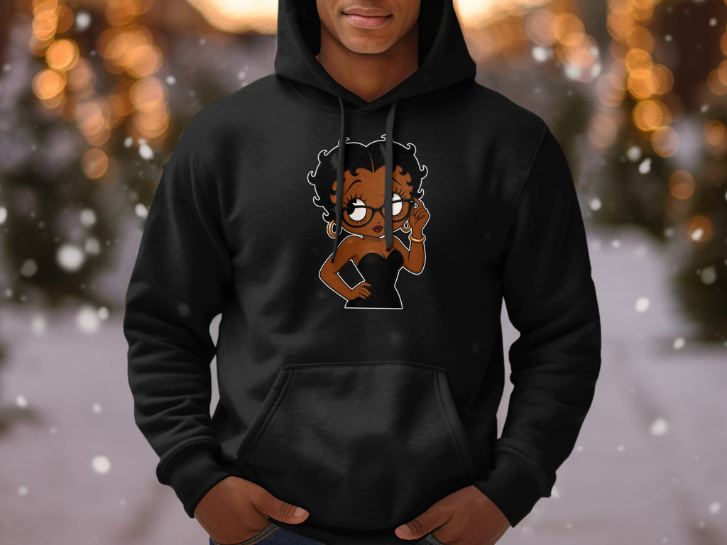 Black hoodie with cartoon character Betty Boop graphic on the front.