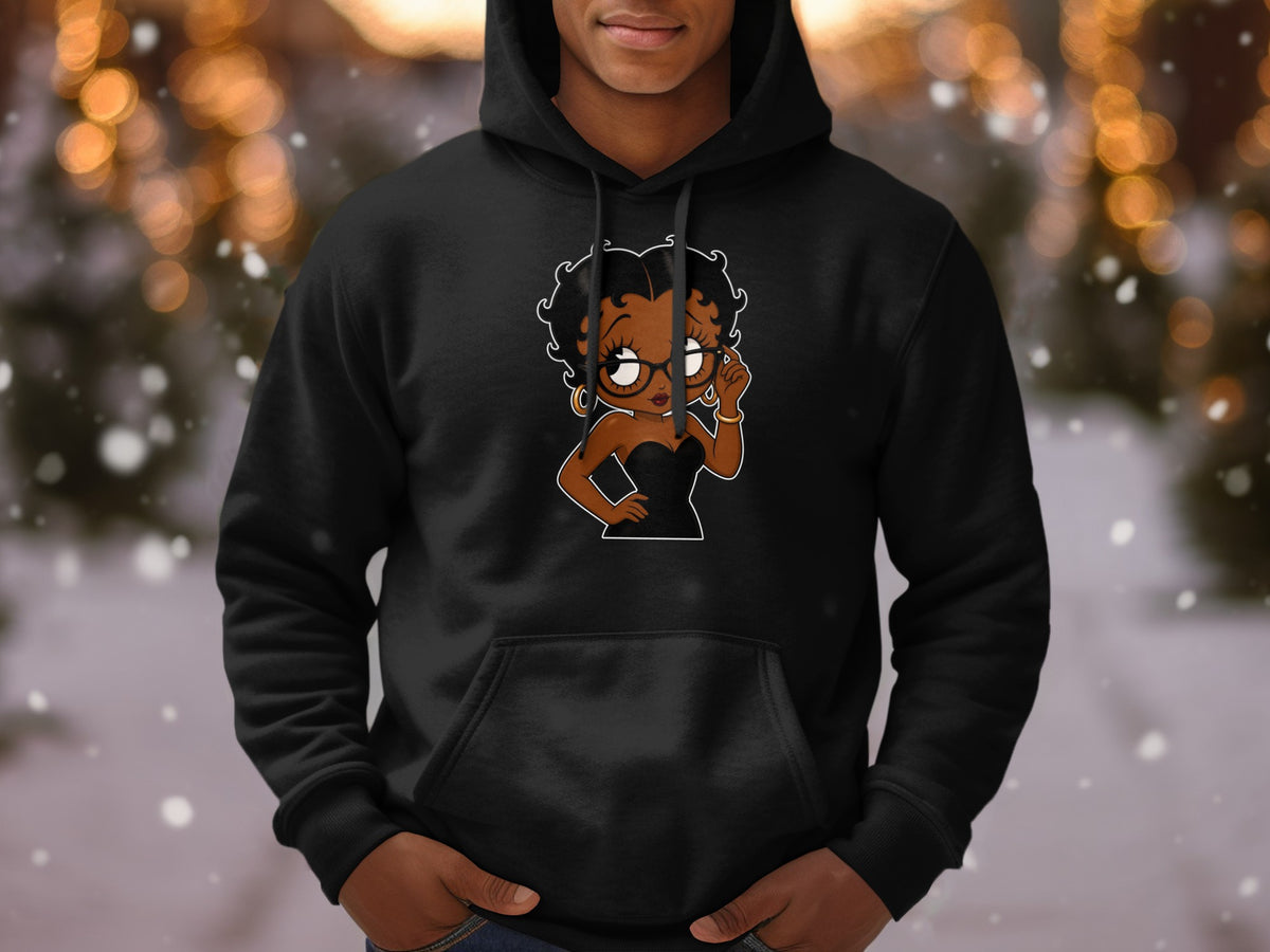 Black hoodie with cartoon character Betty Boop graphic on the front.