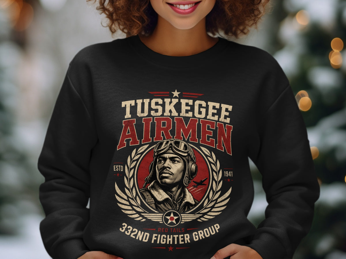 Tuskegee Airmen Red Tails 332nd Fighter Group emblem with aviator portrait.