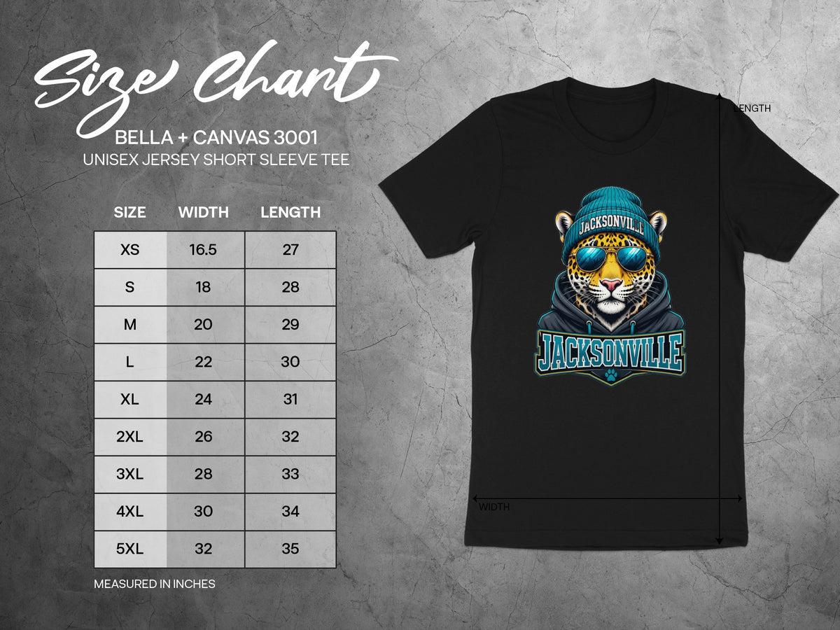 Size chart for Bella + Canvas 3001 unisex jersey tee with jaguar graphic.