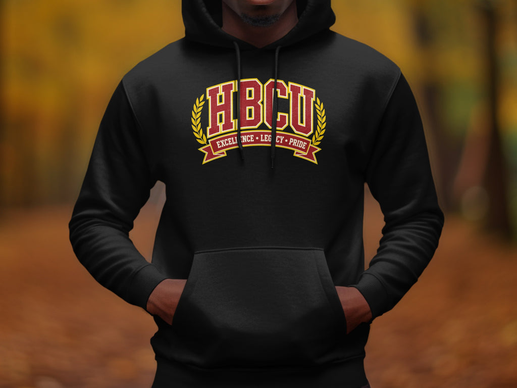 Black hoodie with "HBCU Excellence Legacy Pride" text and laurel wreath graphic.