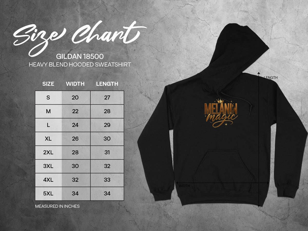 Gildan 18500 Heavy Blend hooded sweatshirt size chart with measurements in inches.