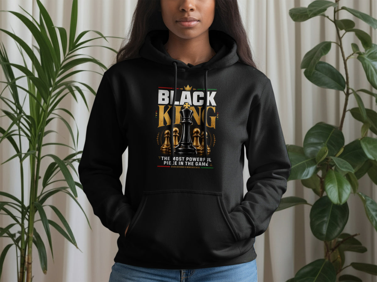 Black King graphic hoodie with chess pieces and text, "The most powerful piece in the game."