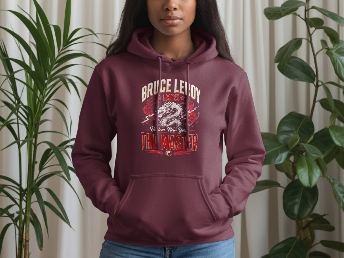 Maroon hoodie with "BRUCE LEROY 1985 Harlem New York THE MASTER" text and dragon graphic.