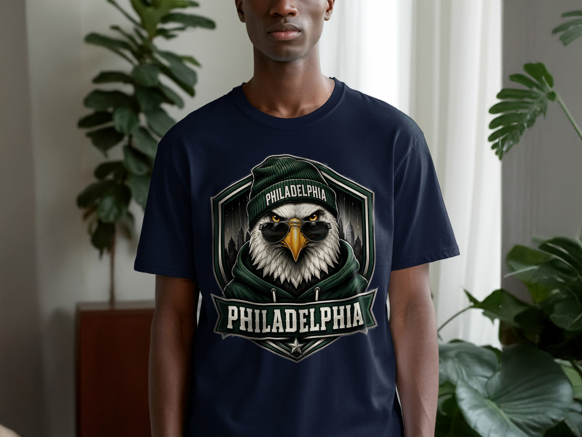 Navy t-shirt with a stylized eagle wearing sunglasses and a beanie with "PHILADELPHIA" text.