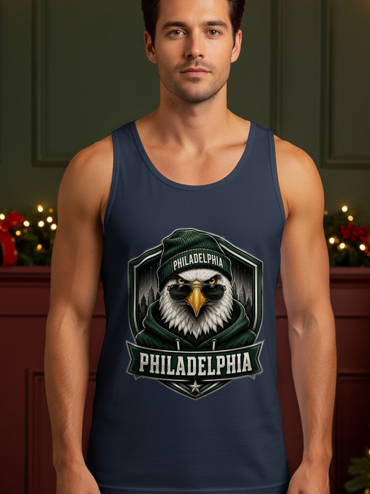 Navy tank top with a graphic of an eagle wearing sunglasses and a beanie, text reads "Philadelphia".