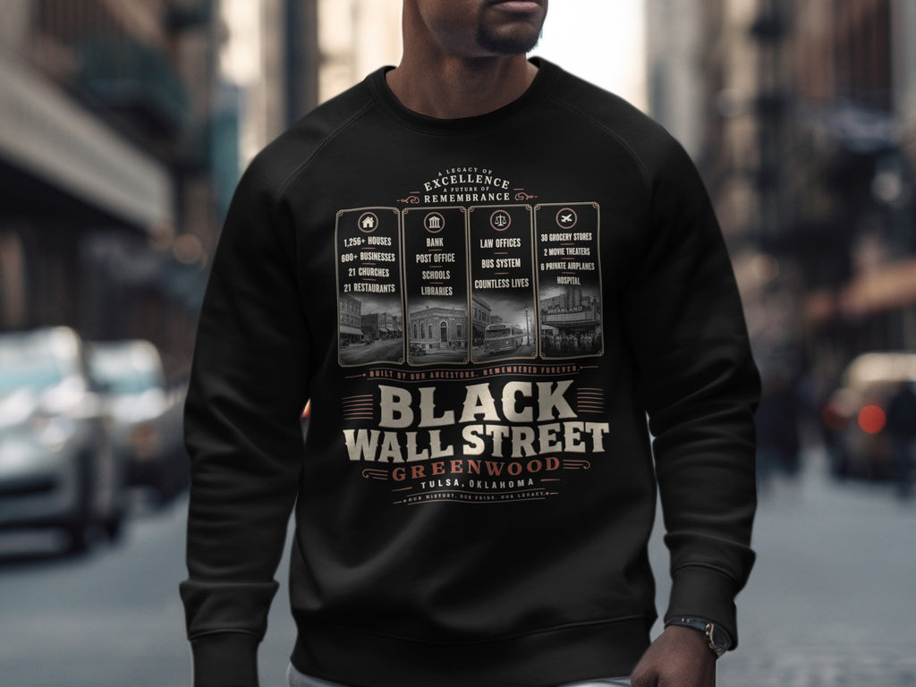 Black sweatshirt with "Black Wall Street Greenwood Tulsa, Oklahoma" and historical details.
