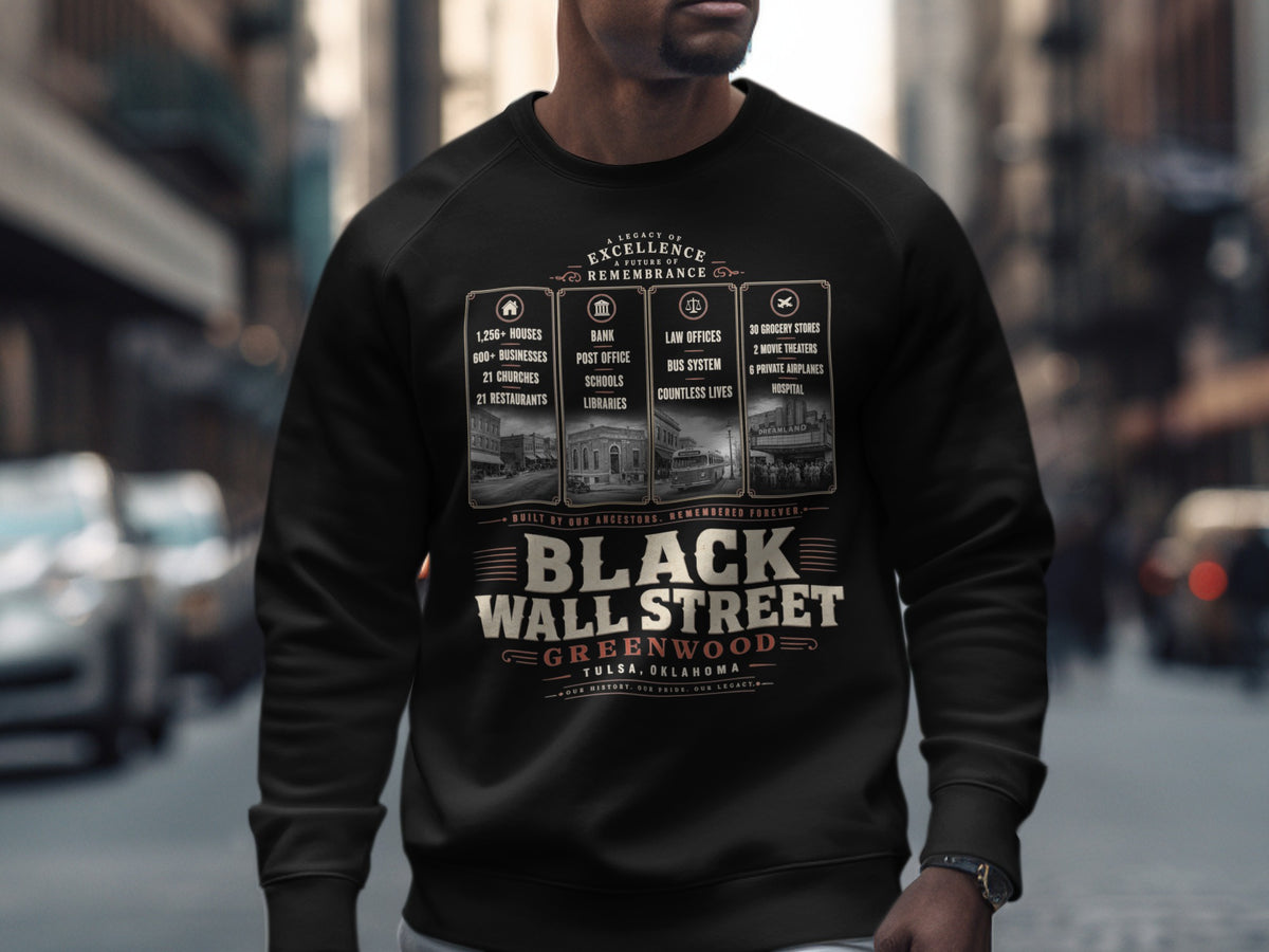 Black sweatshirt with "Black Wall Street Greenwood Tulsa, Oklahoma" and historical details.