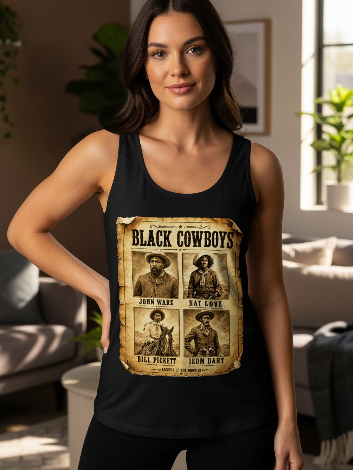 Black Cowboys poster with John Ware, Nat Love, Bill Pickett, and Isom Dart portraits.