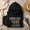 Black Wall Street print on black hoodie, featuring historical photo and Tulsa landmark text.