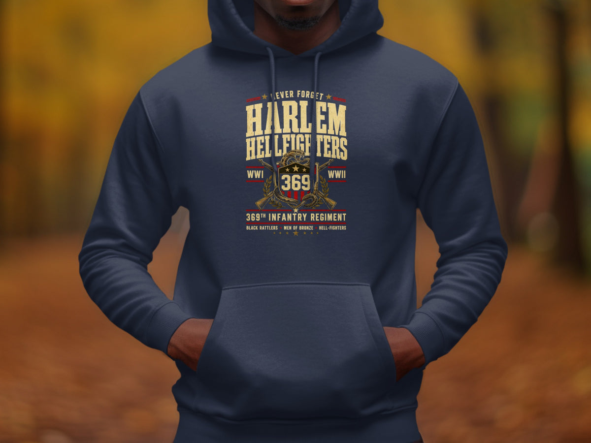 Navy hoodie featuring Harlem Hellfighters 369th Infantry Regiment WWII design.