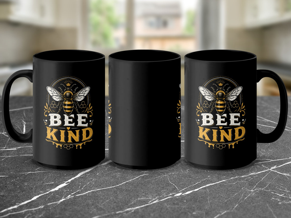 Three black mugs with a bee and "BEE KIND" design.