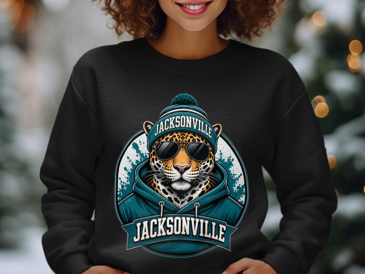 Black sweatshirt with Jacksonville leopard graphic wearing a beanie and sunglasses.